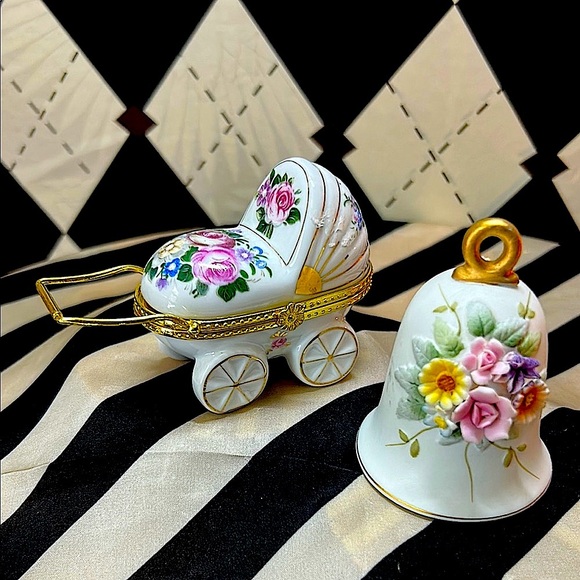 Other - Porcelain Floral Set – Baby Carriage Trinket Box & Bell with 3D Flowers